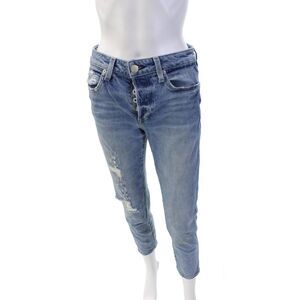 Amo Womens Mid Rise Button Fly Distressed Slim Straight Jeans Blue Size 25